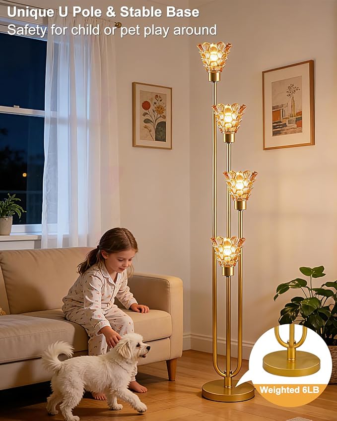 Lightdot Amber Glass Floor Lamp Dimmable 4-Lights Gold with Glass Shade 3000K Bulbs Included Mid Century Modern Standing Tall Lamp for Living Room/Bedroom/Sofa Beside/Corner Decor