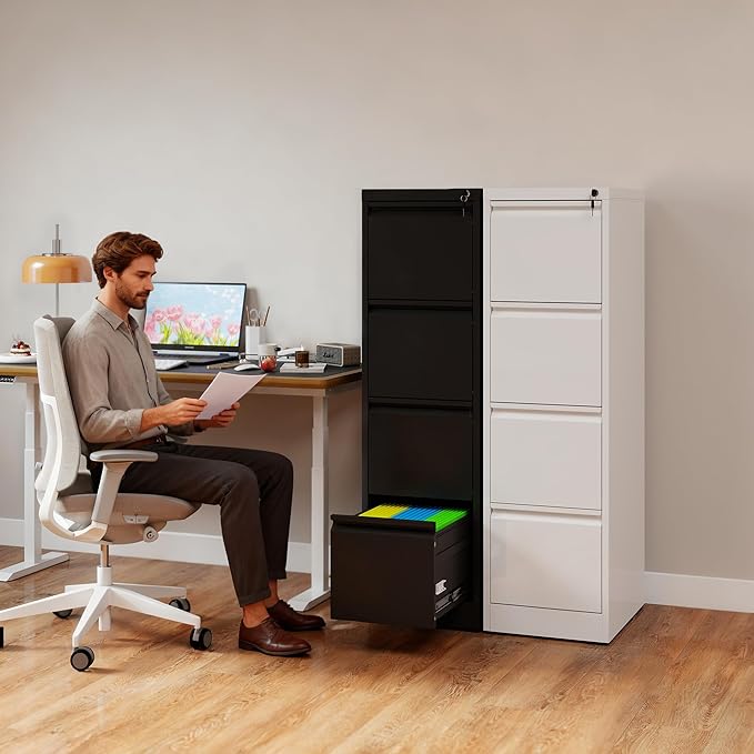 4 Drawer File Cabinet with Lock, Vertical Filing Cabinets for Home Office, Metal Storage Cabinets, Heavy Duty File Cabinet for Letter/Legal/A4/F4 Size Amsseble Required, White