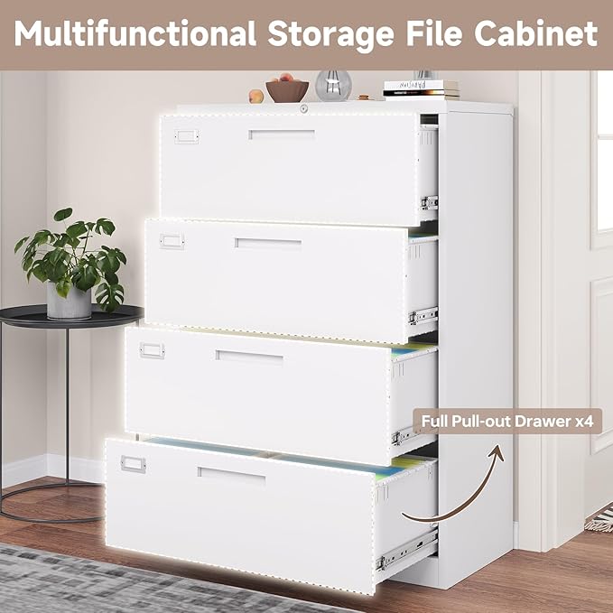 4 Drawer Lateral File Cabinet with Lock, Metal Filing Cabinets for Home Office, Wide Locking File Caninets, White Office Storage Cabnet for Hanging Letter/Legal / A4 / F4 - Assembly Required