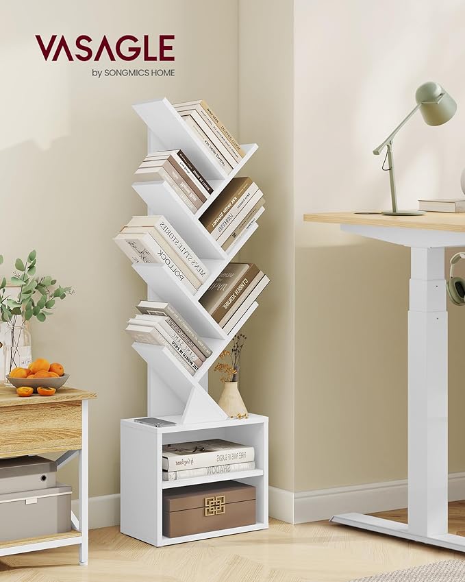 VASAGLE Custos Collection - Tree Bookshelf, Modern Bookcase, Floor Standing Book Shelf, for Bedroom, Living Room, Home Office, 2 Open Compartments, 8 x 15 x 48.5 Inches, Cloud White ULBC607W01
