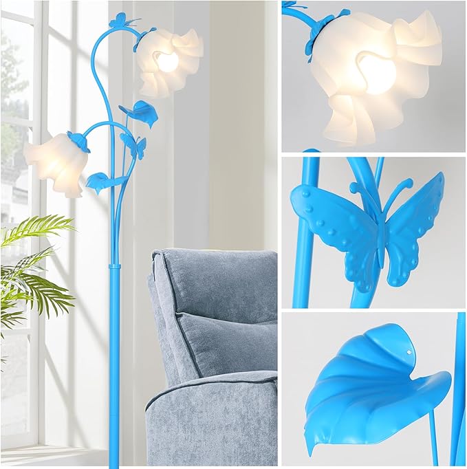 HMVPL Blue Floor Lamp for Living Room, Flower Standing Lamp with 2 LED 5W Blubs, Foot Switch, Floral Tall Lamp with Acrylic Shade, Antique Lotus Flower Floor Lamp for Living Room Office Reading