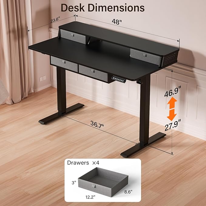 Kingant 40 x 24 Inch Small Electric Standing Desk with 4 Drawers, Height Adjustable Sit to Stand Computer Desk with Storage Shelf and C-Clamp Mount Compatibility for Home Office, Black