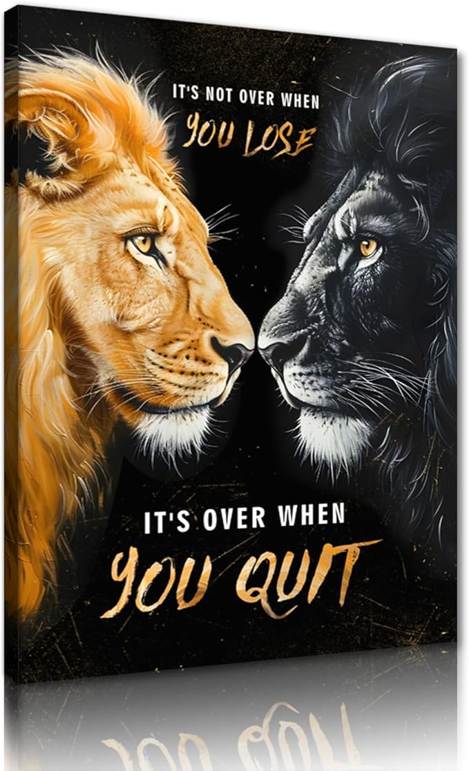 It's Not Over When You Lose, It's Over When You Quit Inspirational Quotes Wall Art - Framed Black and Gold Lions Canvas Print Motivational Animal Wall Decor Modern Office Home Picture (18x24 in)