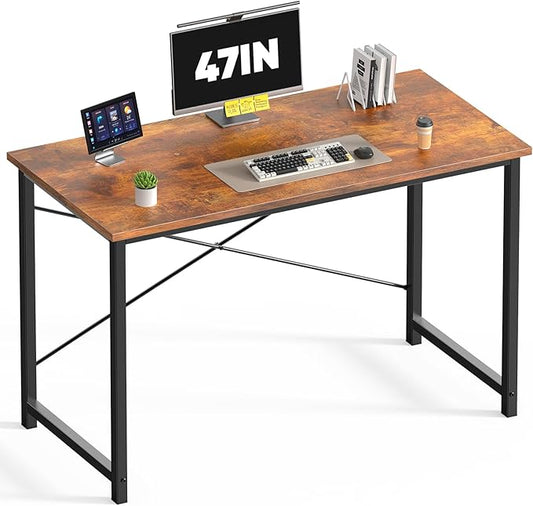 DUMOS 47 Inch Small Computer Desk for Home Office, Modern Study Work Table Simple Style for Bedroom, WritInchg Desks with X-Shaped ReInchforcement, Wood Brown