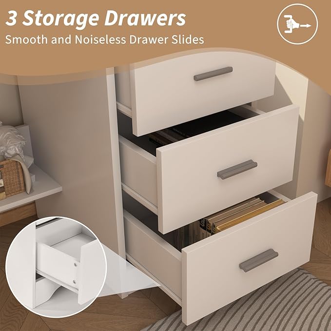 White Desk with Drawers, 47 Inch Computer Desk with 3 Drawers for Bedroom, Study Desk with Drawers for Small Spaces, Bottom Shelves