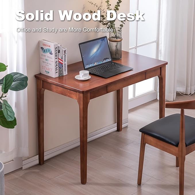 Solid Wood Desk with Drawers, Home Office Desk for Small Spaces, Gaming Work Study Desk, Student PC Desk for Bedroom, Easy to Assemble (Cherry Color, 39.4 inch)