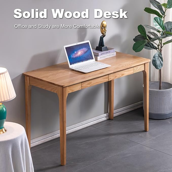 Solid Wood Desk with Drawers, Home Office Desk for Small Spaces, Gaming Work Study Desk, Student PC Desk for Bedroom, Easy to Assemble (Wood Color, 47.2 inch)