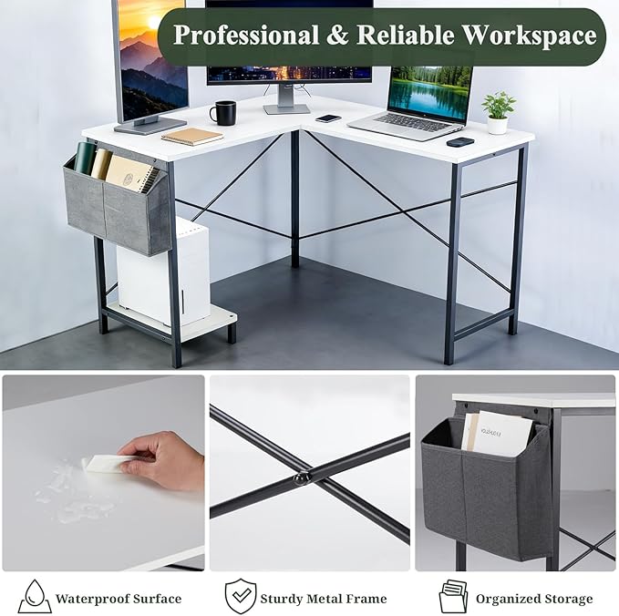 L-Shaped Home Office Computer Desk, Gaming Desk with CPU Stand Shelf and Hanging Storage Pocket, Corner Student Study Writing Table, Sturdy Metal Frame, 43.3" D x 50" W, Classic White