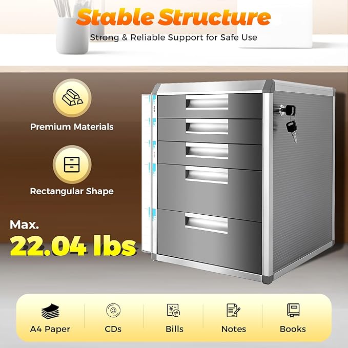 5 Drawer File Cabinet with Lock, 16in Metal Filing Cabinet for Home Office, Grey