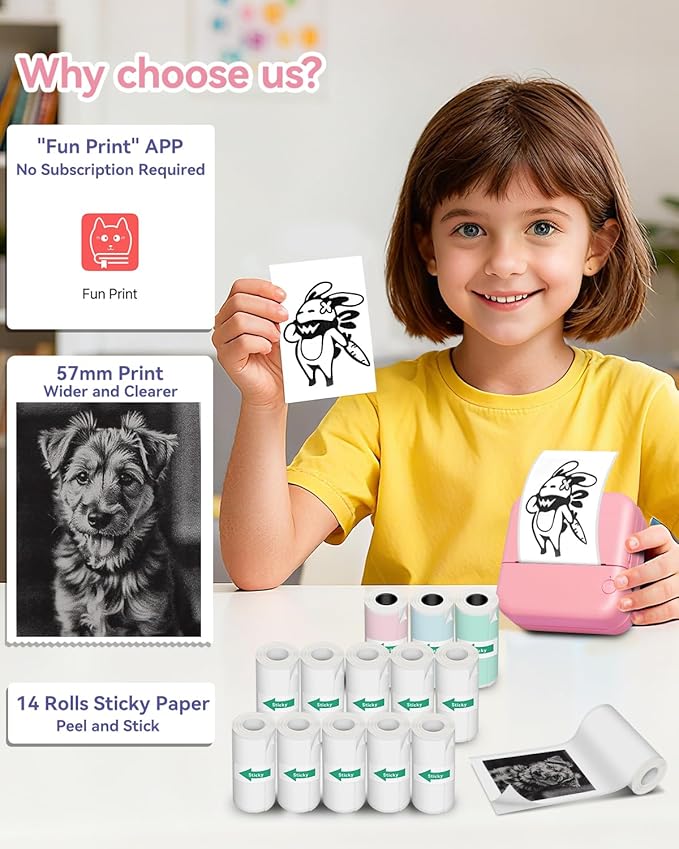 Aptika Sticker Printer - Mini Printer with 14 Rolls Self-Adhesive Papers, Pocket Label Maker for iPhone/Android, Bluetooth Thermal Machine for Students Children Birthday, Pink