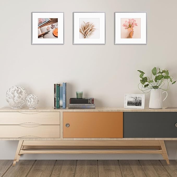 Golden State Art, Gallery Wall Frame Set of 6 - Silver 12x12 Aluminum Photo Frames with Mat for 8x8 Pictures - 12 x 12 inch Metal Frame with Real Glass Cover - Elegant Home or Office Decor
