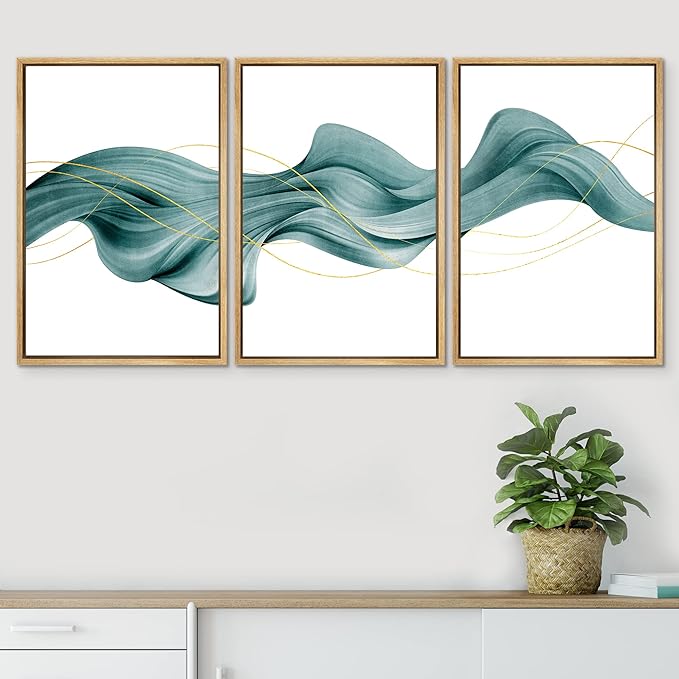 SIGNWIN Framed Canvas Print Wall Art Set Futuristic Teal Geometric Smoke Wave Abstract Shapes Illustrations Modern Art Decorative Nordic Zen Chic for Living Room, Bedroom, Office - 24"x36"x3 Natural