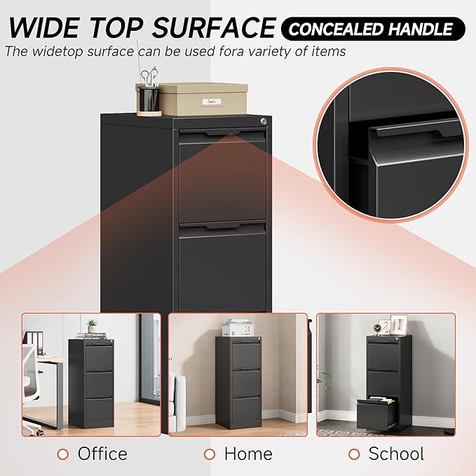 3 Drawer File Cabinet,Filing Cabinets for Home Office, Metal Vertical File Storage with Lock, Locking for A4 Legal/Letter, Assembly Required(Black)