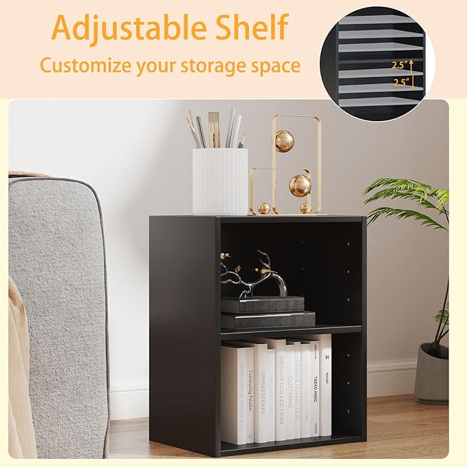 Tangkula 2-Tier Bookshelf, Open Shelf Bookcase with 7-Position Adjustable Shelf, Multifunctional Wooden Cubby Storage Display Shelf for Home Office Study Living Room (Black, 2)