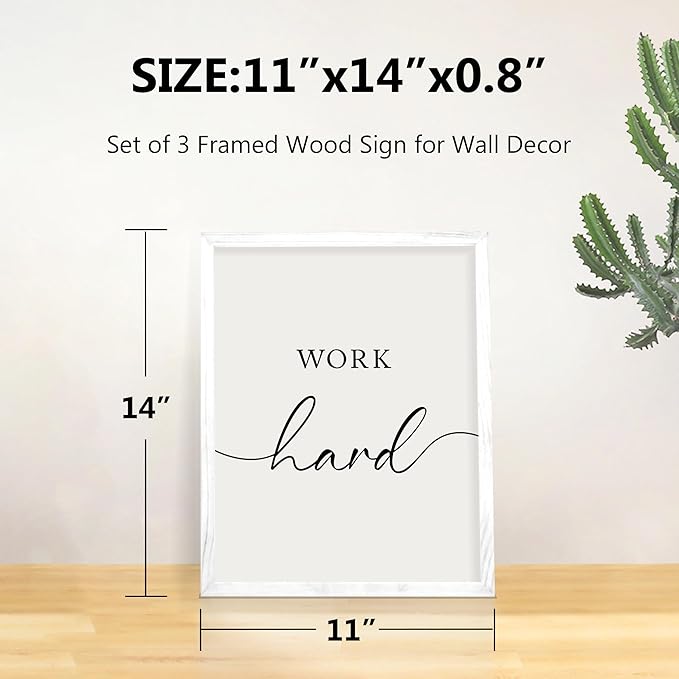 Heiple Motivational Wall Art 11"x14" Framed Wooden Inspirational Office Wall Decor for Men Picture Poster Positive Work Hard Quote Wall Decor for Home Office Bedroom (White, 11”x14”)