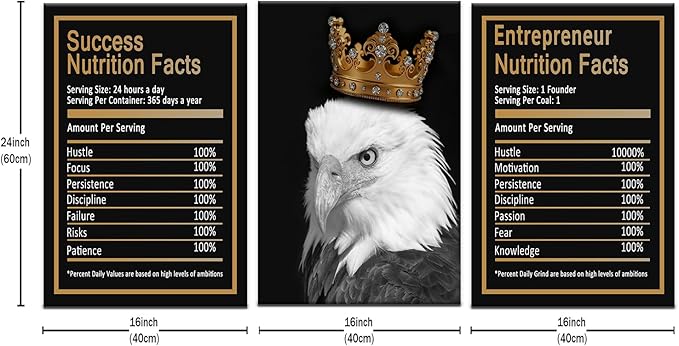 Motivational Wall Art 3 Piece Black Eagle Entrepreneur Nutrition Facts Inspirational Poster Canvas Prints Artwork for Home Teens Room Office Painting Pictures Stretched and Framed [48''Hx24''W]