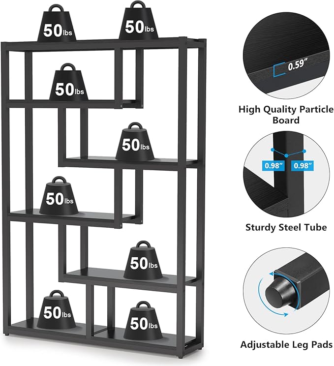 Tribesigns Way to Origin 6-Shelf Modern Bookshelf, Industrial Etagere Bookcase, 69 Inch Tall Storage Display Staggered Shelves with Sturdy Metal Frame, Black