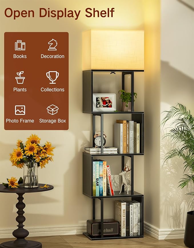5-Tier Floor Lamp with Shelves & Remote, Dimmable S-Shaped Bookshelf with 3 Color Temperature, 1-Hour Timer, Tall Corner Standing Lamp for Living Room, Bedroom, Office (Black)