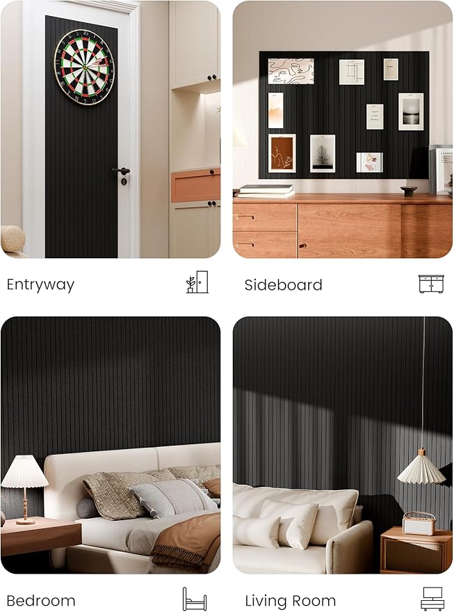 Bumusty Large Cork Board Alternative-48 x 36" Felt Bulletin Board Tiles, with 30 Pushpins, 70 Adhesive Tabs, 12-Pack Slat Wall Paneling, Cork Boards for Office Push Pin Board Felt Board-Black