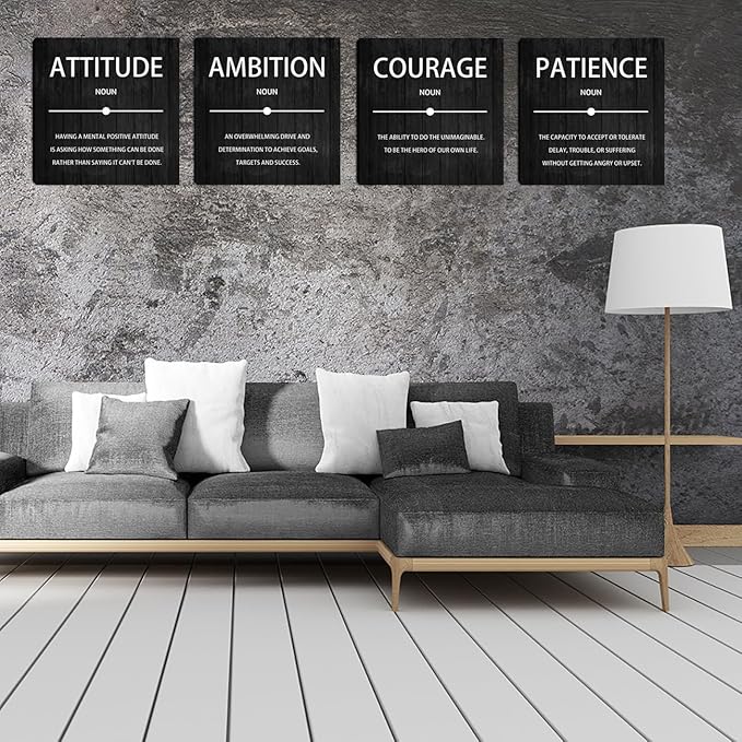 4 Panel Inspirational Canvas Wall Art, Motivational Office Wall Decor, Ambition Attitude Patience Courage Painting Posters Prints for Living Room Bedroom Home Office, 12x12-inch