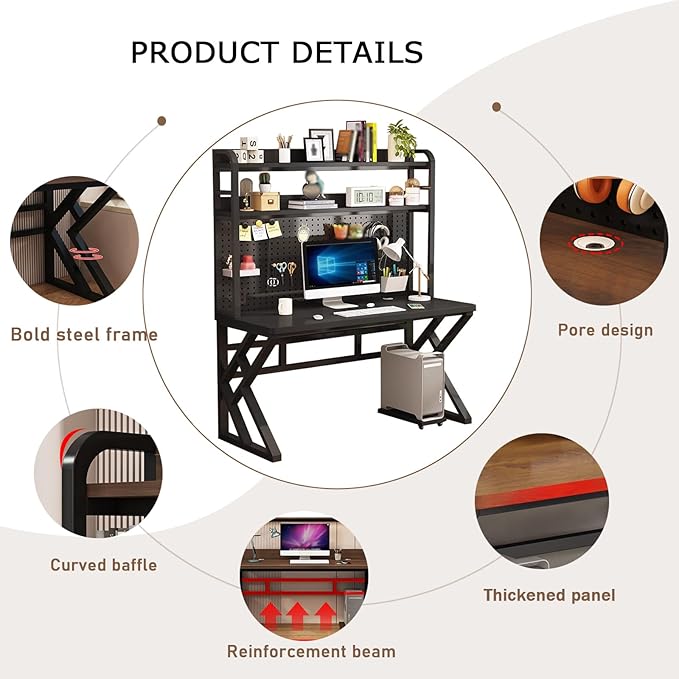 39.3in Gaming Desk with Bookshelf Combo, Computer Desk with Pegboard, Large Writing Table with Desktop Shelves, Ample Leg Room, for Home Office (Black, 39.3in)