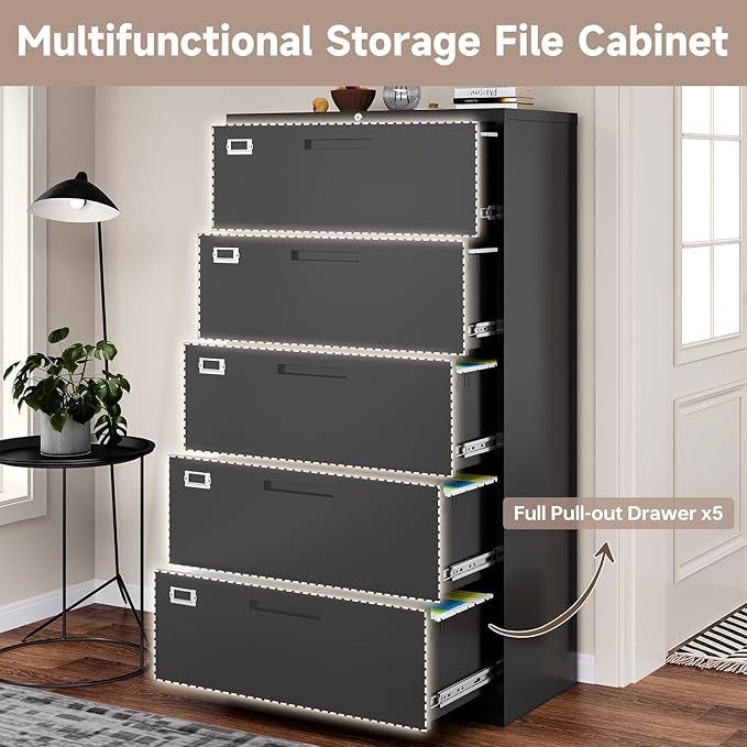 5 Drawer Lateral File Cabinet with Lock, Metal Filing Cabinets for Home Office, Wide Locking File Caninets, Black Office Storage Cabnet for Hanging Letter/Legal / A4 / F4 - Assembly Required