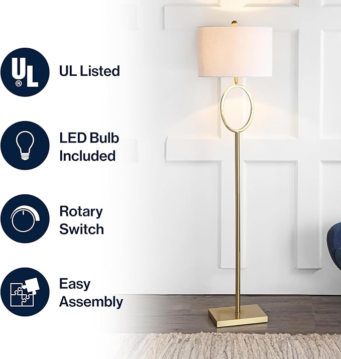 JONATHAN Y 61" Brass Gold Metal LED Floor Lamp for Living Room Modern Hoop Design Standing Lamp, White Linen Drum Shade, Bedroom Home Office, LED Bulb Included JYL1089A