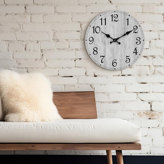 HYLANDA Wall Clock 12 Inch, Grey Wall Clocks Battery Operated Silent Non Ticking, Vintage Rustic Wooden Clocks Decorative for Kitchen Bathroom, Living Room, Bedrooms, Dining Room, Office (12")