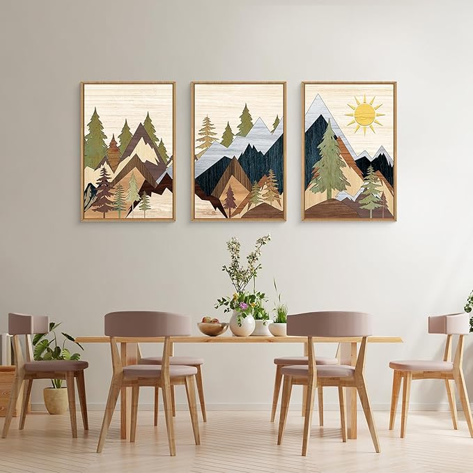 Ausril Mountain Pine Tree Framed Canvas Wall Art Set, Nature Wilderness Illustration Wall Decor, Woodcut Forest Wall Painting, Mid Century Modern Art Print for Living Room Bedroom Office 24"x36"x3