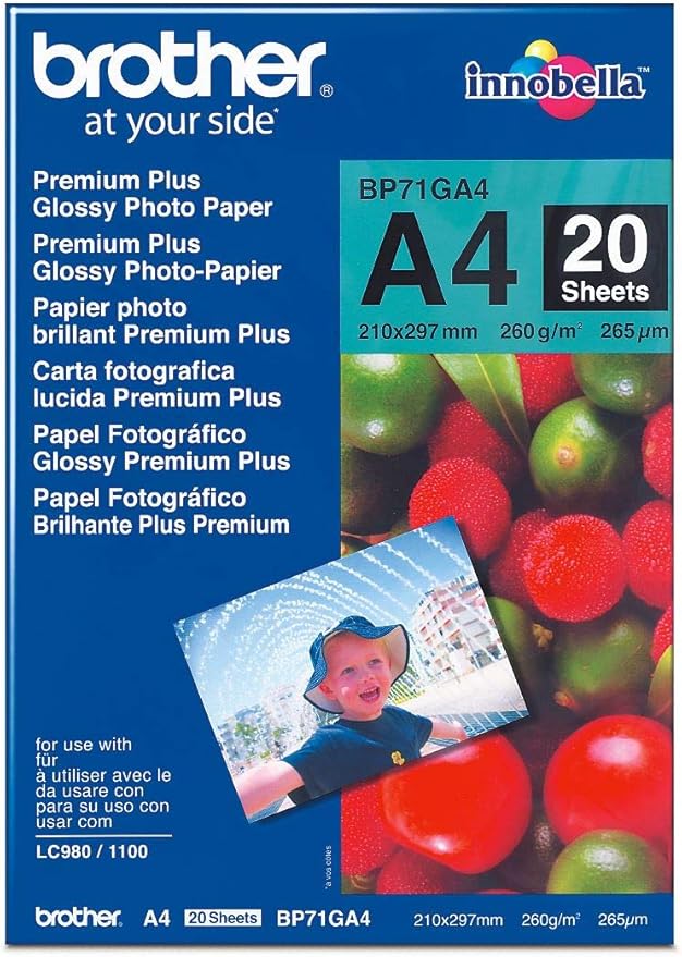 Brother BP71GA4 Photo Paper, A4, Premium Plus Glossy, 297 mm (W) x 210 mm (L), 20 Sheets, Brother Genuine Supplies
