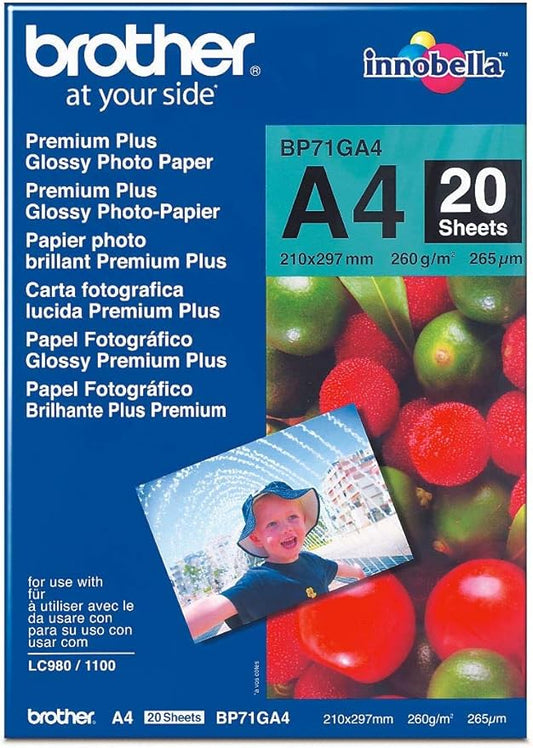 Brother BP71GA4 Photo Paper, A4, Premium Plus Glossy, 297 mm (W) x 210 mm (L), 20 Sheets, Brother Genuine Supplies