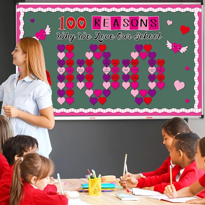 OBUSATT Valentine's Day Bulletin Board Set Valentine 100 Reason Love School Classroom Decoration 100 Days of School Bulletin Board Love Heart Cutouts for Classroom Home Door Chalkboard Wall Decor