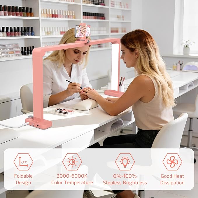 Half Moon Light for Nail Desk with Phone Holder, Large Square Nail Lamp for Desk, Professional Manicurist Desktop Lamp, LED Light Suitable for Manicures, Tattoos, and Sewing, Pink