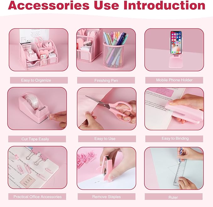 Desk Organizers and Accessories, Office Supplies 15PS Set with Stapler, Staple Remover, Pen Holder, Clips Set, Tape Dispenser, Tape, Phone Holder, 1000 Staples, Ruler, Scissors （Pink）