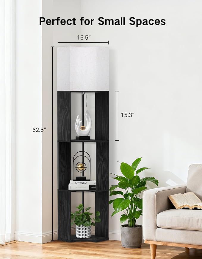 OUTON Floor Lamp with Shelves, Modern Tripod Standing Shelf Lamp with 3 Color Temperature Bulb, Storage Display Wood Column Tall Bookshelf Lamp for Living Room, Bedroom Office, Black
