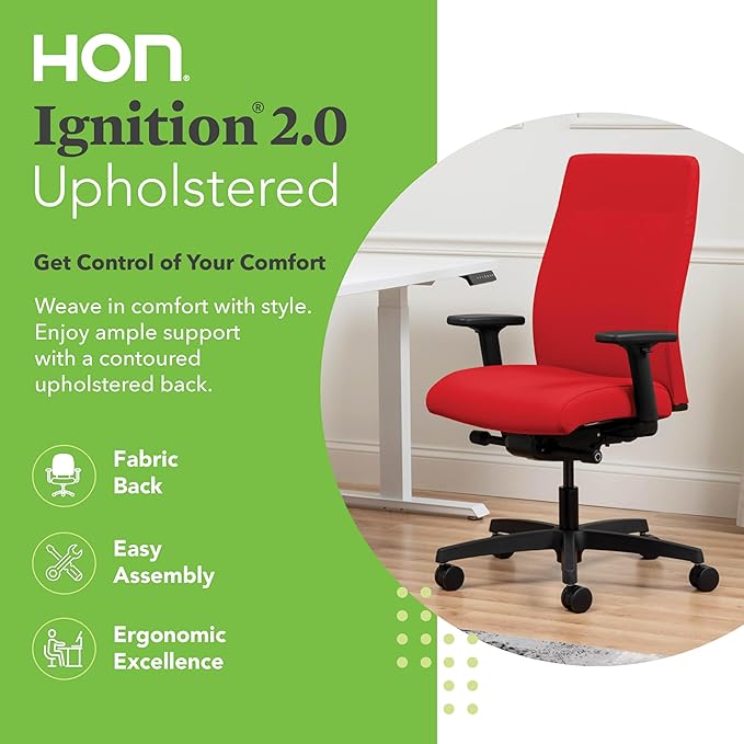 HON Ignition 2.0 Fabric Office Chair, Upholstered, Adjustable Arms, Advanced Synchro-Tilt Recline Executive Ergonomic Office Chair, Black Frame, Ruby