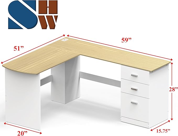 SHW 51 x 59 Inches L-Shaped Home Office Wood Corner Desk with Box Box File Drawers, Oak