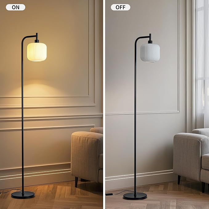 MAYNA Modern Industrial Floor Lamp, Frosted White Glass Standing Lamp with Built-in Timer Switch, Black Tall Minimalist Lamps for Living Room Bedroom, 2700K LED Bulb Included