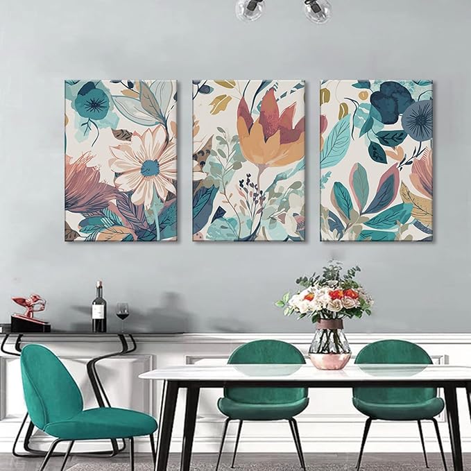 TUEASKY 3 Piece Canvas Wall Art Flower Wall Decor Botanical Pictures Floral Paintings Watercolor Prints Boho Artwork for Bedroom Bathroom Living Room