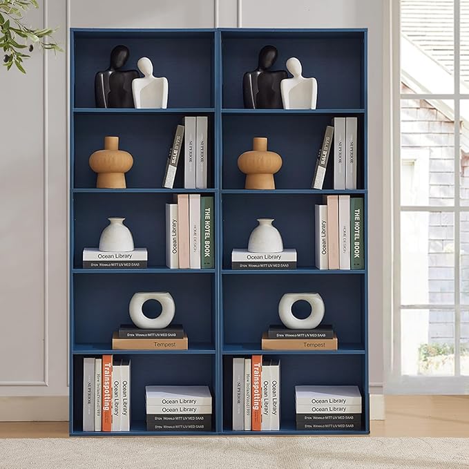 Tall Bookshelves with Cabinet, Office Storage Cabinets and Bookshelf, 5-Tier Wooden Bookcase with Storage, Floor Standing Display Cabinet Shelves for Living Room, Home Office, Blue