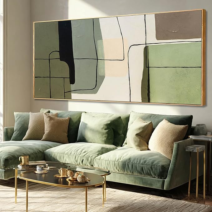 Large Abstract Canvas Wall Art 32x70 Inch, Green Beige Neutral Framed Wall Art, Modern Horizontal Canvas Wall Art with Wooden Frame for Living Room Home Decor
