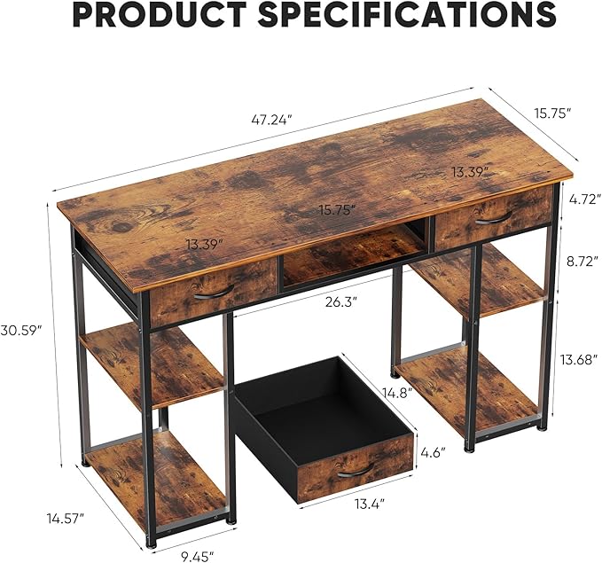 DUMOS 48" Small Computer Home Office Desk for Bedroom with Drawers, Gaming Writing Study Table with Storage Shelf, Adjustable Feet, Metal Frame Rustic Brown