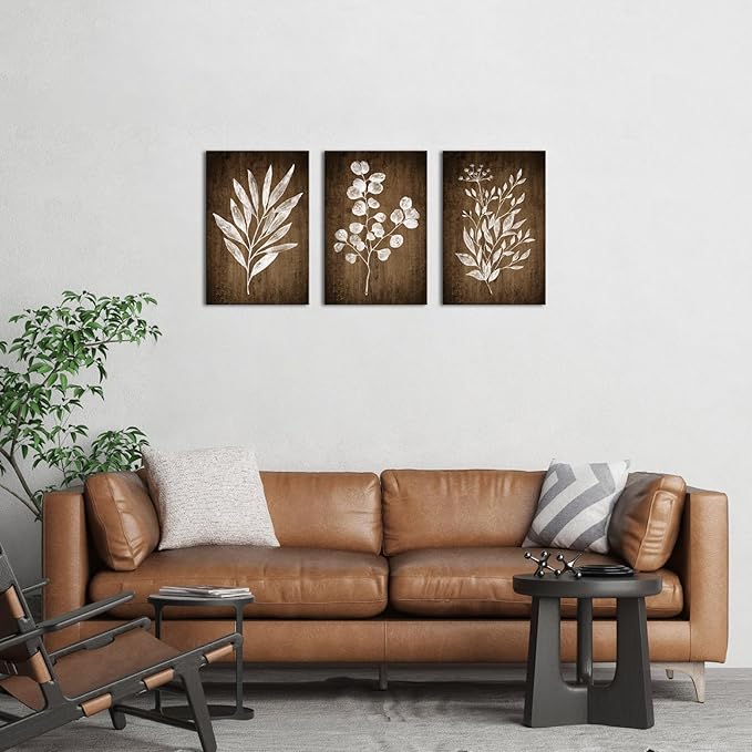 Conipit Rustic Botanical Wall Art Canvas Brown Botanical Painting Minimalist Vintage Leaf Plant Artwork Prints Framed For Living Room Bedroom Wall Decor 16''X24''X3pcs
