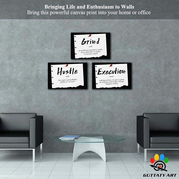 Office Wall Art - 3 Panel Motivational Wall Art, Inspirational Quotes Canvas Art for Home Office Wall Decor, Positive Quotes Wall Decor, Entrepreneur Grind Hustle Execution Poster Frame (16”x24”x3Pcs)