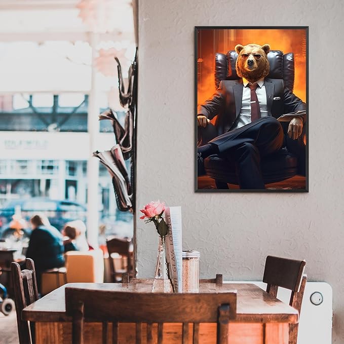 Trendy Suit Animal Bear Portrait Wall Art Funny Boss Bear Canvas Posters Work Struggle Motivation Inspiring Prints Painting For Office Living Room Wall Decor 8x12in Framed