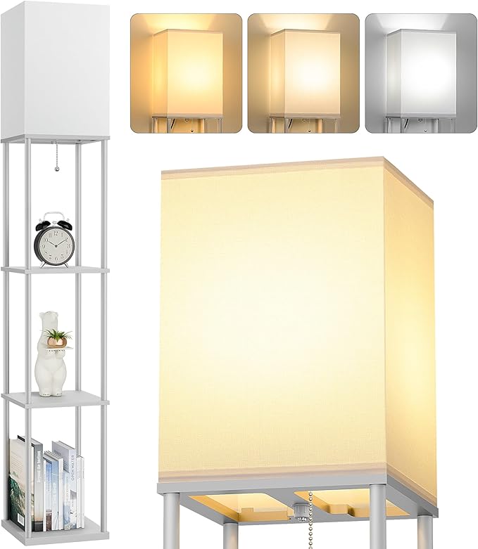 FOLKSMATE Floor Lamp with Shelves, 3-Tier Modern Square Bookshelf Floor Lamp, 3 Color Temperature Bulb Included, Floor Lamps for Living Room Bedroom Corner - Grey