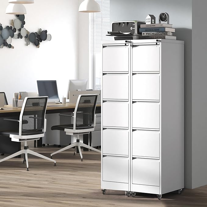 5 Drawer File Cabinet with Wheels,Metal Mobile Filing Cabinets with Lock,White Rolling File Cabinet for Home Office,Heavy Duty Storage Cabinet for A4/Letter/Legal Size File,Assembly Required