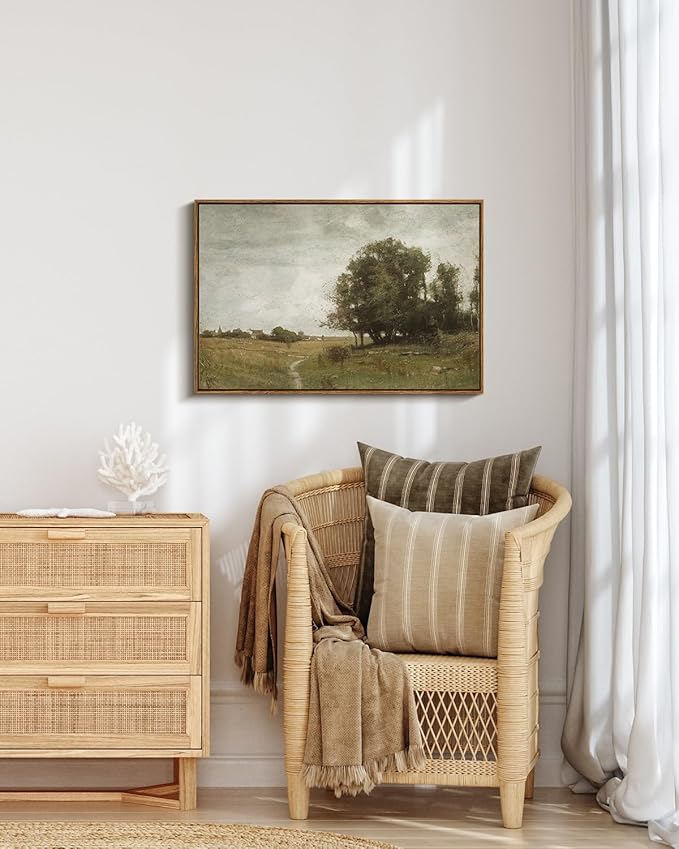 ARPEOTCY Vintage Framed Canvas Wall Art, Country Village Scenery Retro Painting Decor Aesthetic, Large Print Artwork, Landscape Wall Pictures for Living Room,20x30 Inch