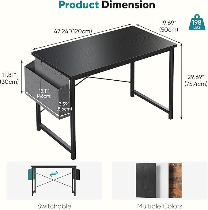 OLIXIS Computer Desk 47 Inch Home Office Desks for Small Spaces, Gaming Writing Study Work Table with Storage Bag for Bedroom, Black