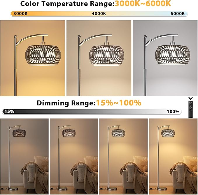 Ambimall Arc Floor Lamp for Living Room with Remote, Color Temperature & Brightness Adjustable, Bohemia Standing Lamp with Rattan & Fabric Double Drum Shades, Bulb Included(Deep Gray)